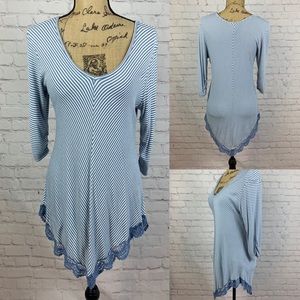 Style & Co Ribbed Knit Striped Asymetrical Hem Lace Trim Tunic